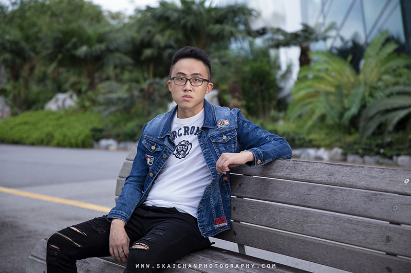 men's fashion photography outside cloud forest, gardens by the bay